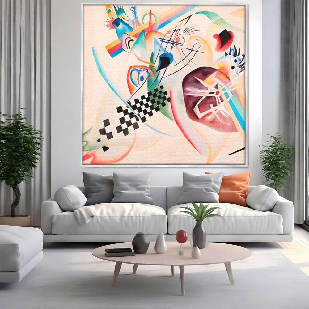 Tablou canvas cu pictura abstracta cu forme geometrice, in rama de aluminiu argintiu, pe perete intr-un living